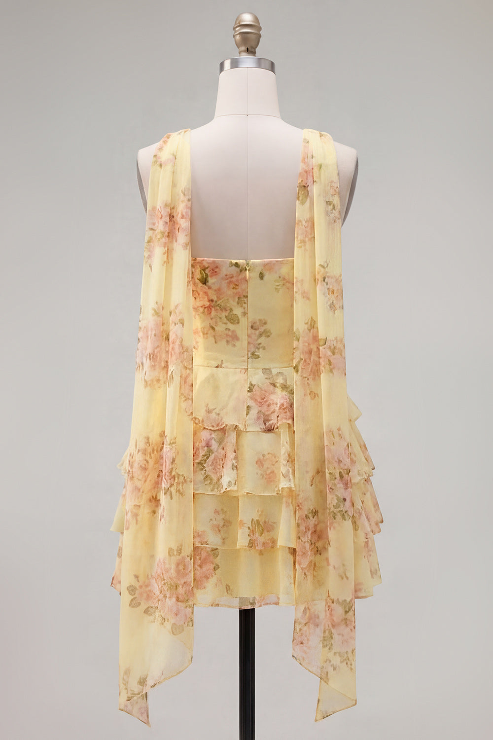 Floral Ruffled Yellow A-Line Short Homecoming Dress with Neck Scarf