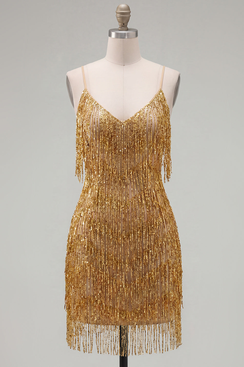Golden Sparkly Tight Short Homecoming Dress with Fringes