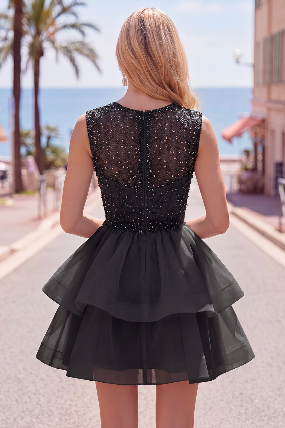 Sparkly Black A-Line Illusion Neck Beaded Tiered Short Homecoming Dress