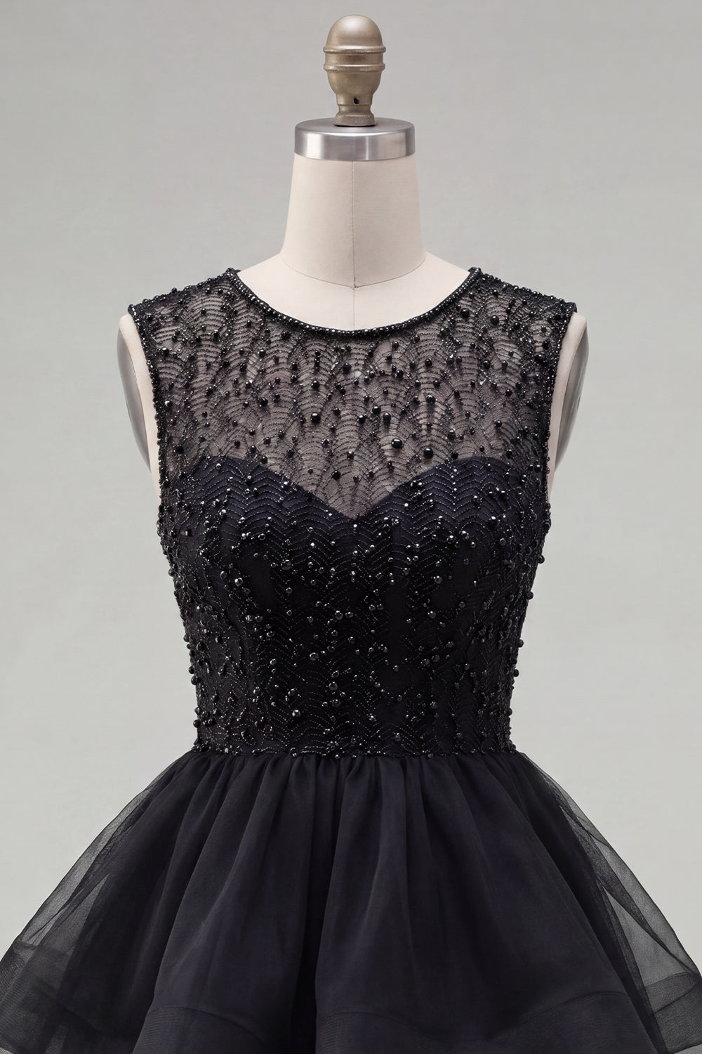 Sparkly Black A-Line Illusion Neck Beaded Tiered Short Homecoming Dress