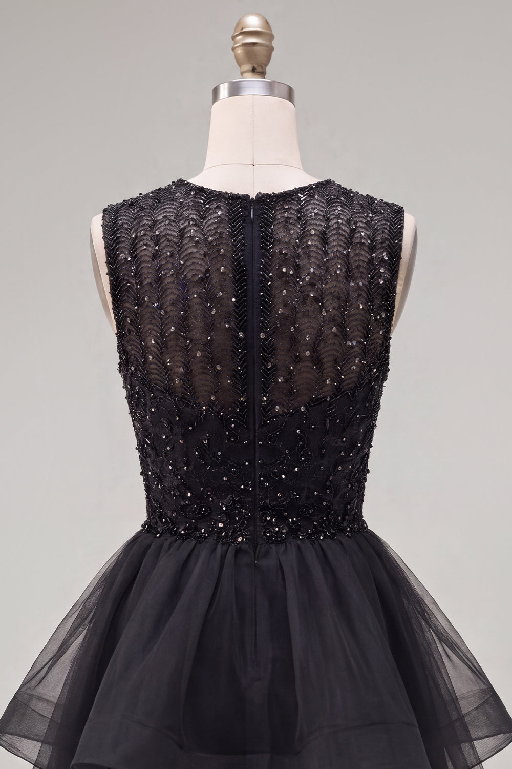 Sparkly Black A-Line Illusion Neck Beaded Tiered Short Homecoming Dress