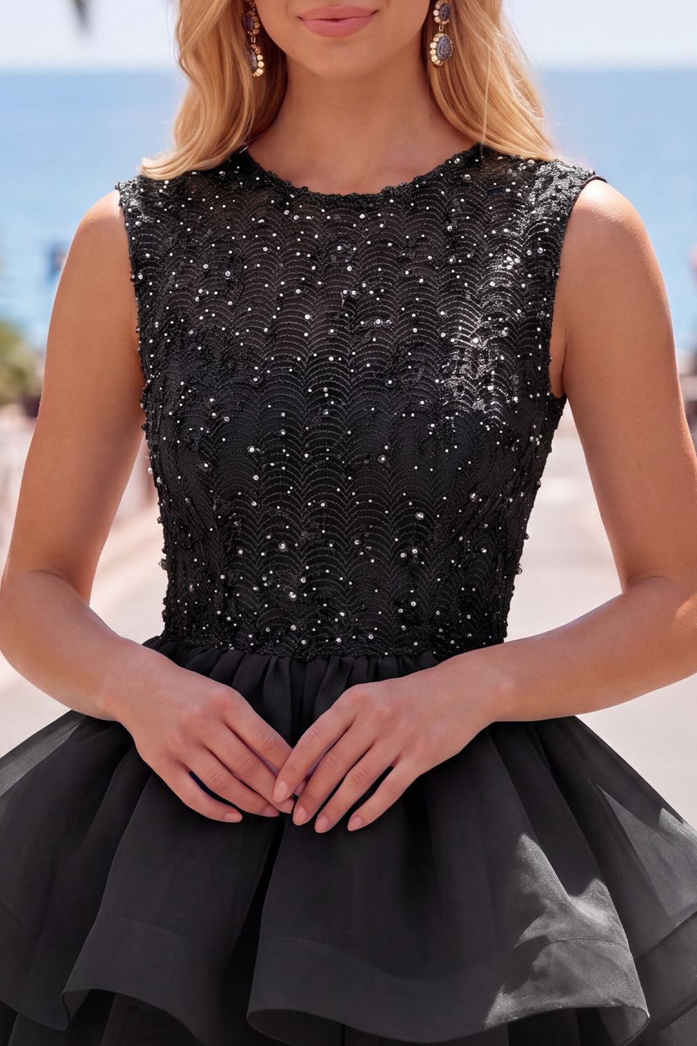 Sparkly Black A-Line Illusion Neck Beaded Tiered Short Homecoming Dress