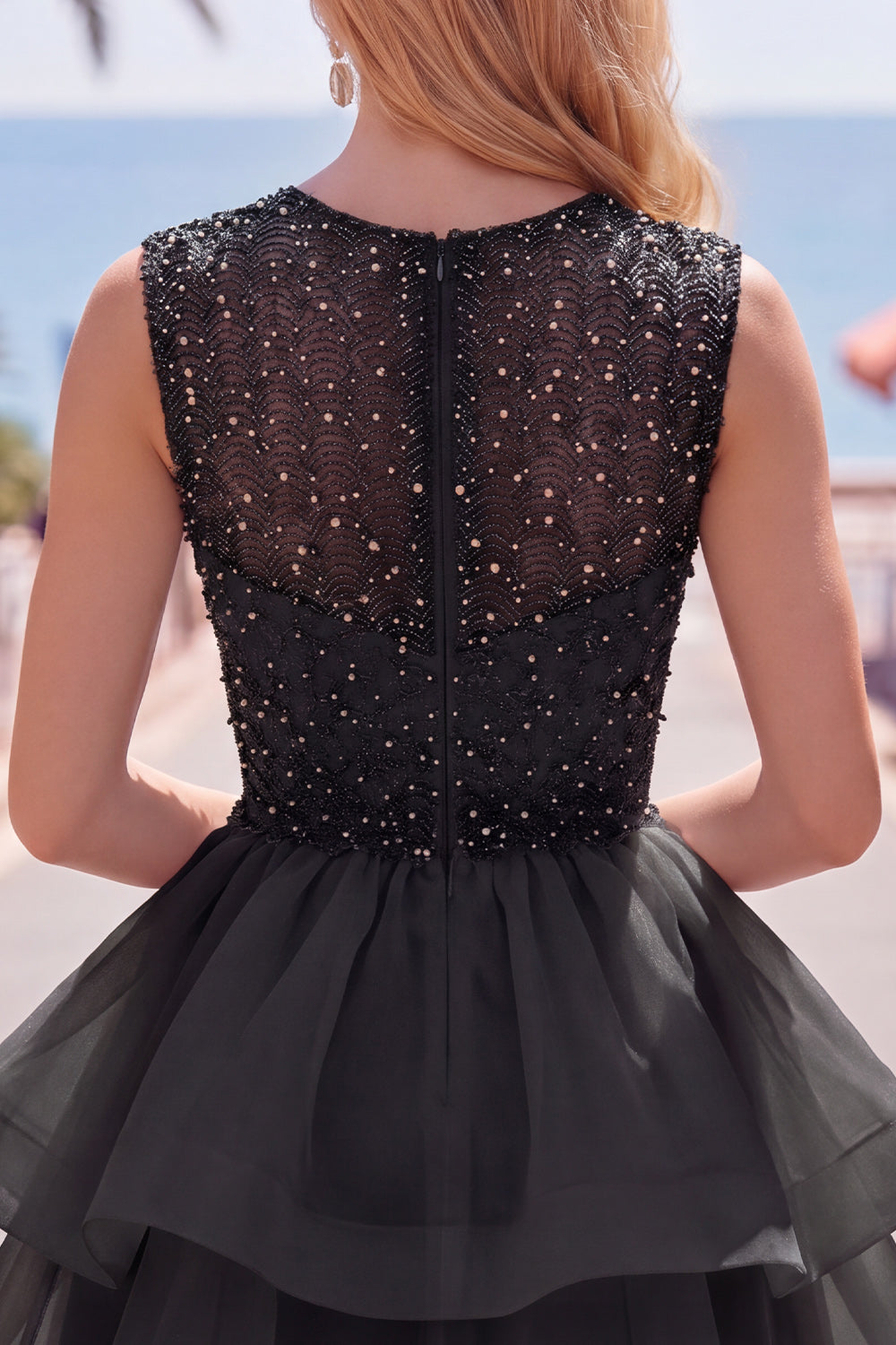 Sparkly Black A-Line Illusion Neck Beaded Tiered Short Homecoming Dress
