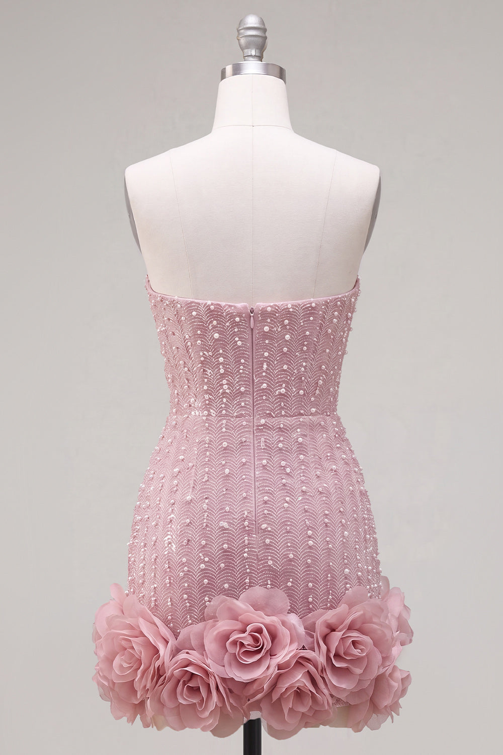 Sparkly Pink Beaded Strapless Short Tight Homecoming Dress with 3D Flowers