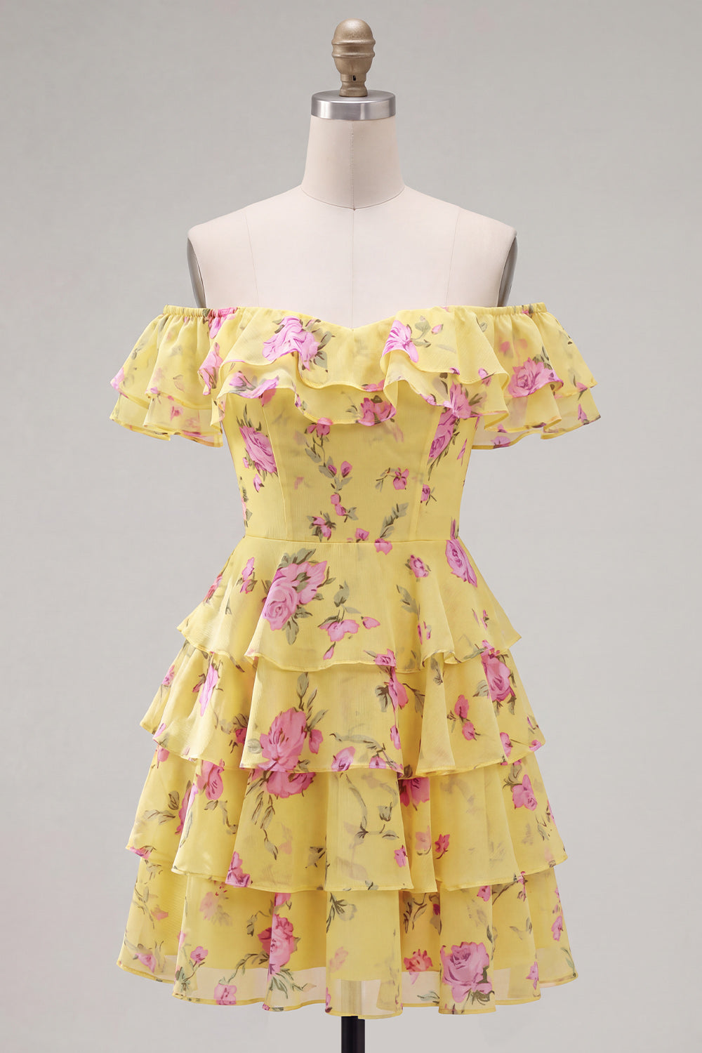 Yellow Floral A-Line Tiered Ruffled Short Corset Homecoming Dress