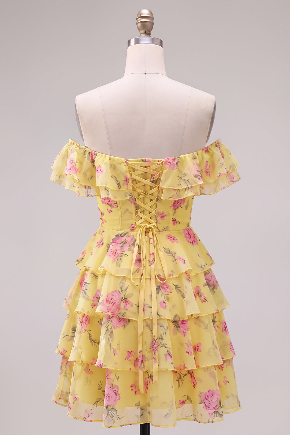 Yellow Floral A-Line Tiered Ruffled Short Corset Homecoming Dress