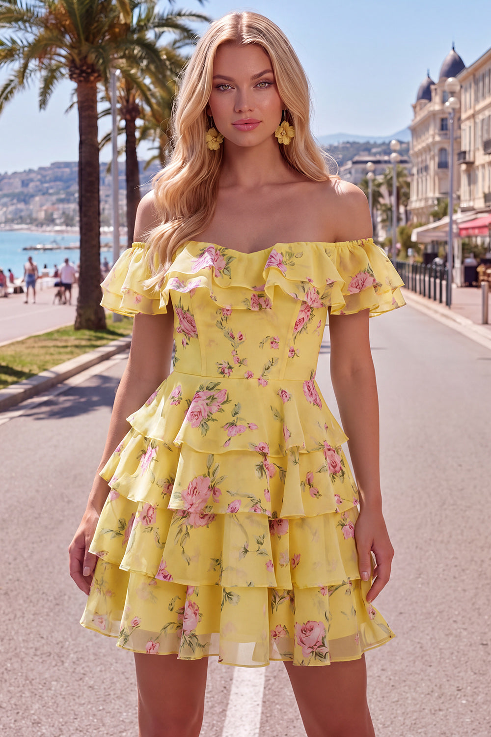 Yellow Floral A-Line Tiered Ruffled Short Corset Homecoming Dress