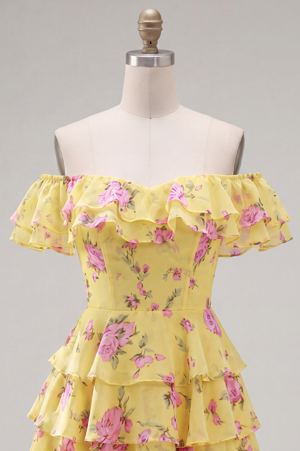 Yellow Floral A-Line Tiered Ruffled Short Corset Homecoming Dress