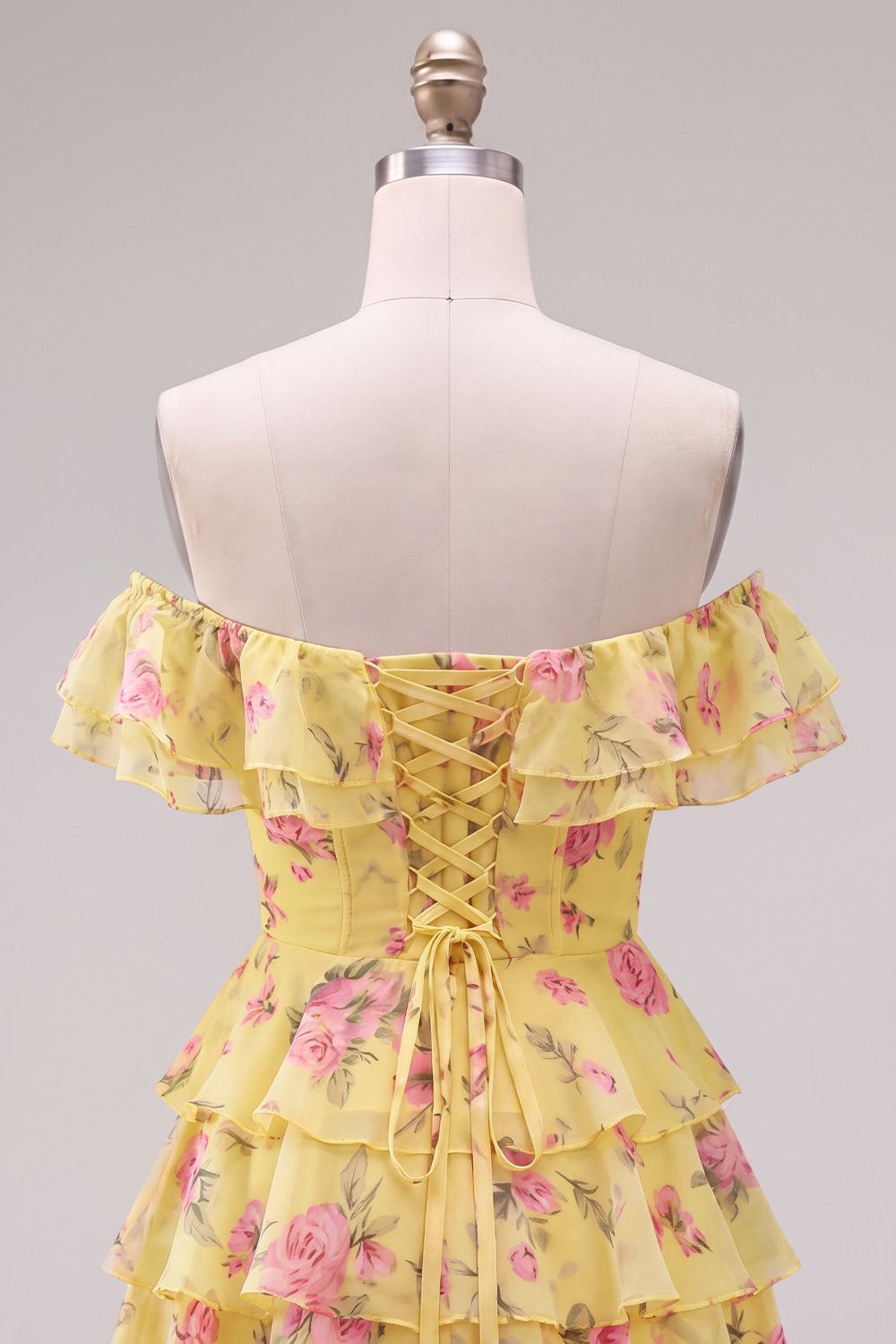 Yellow Floral A-Line Tiered Ruffled Short Corset Homecoming Dress