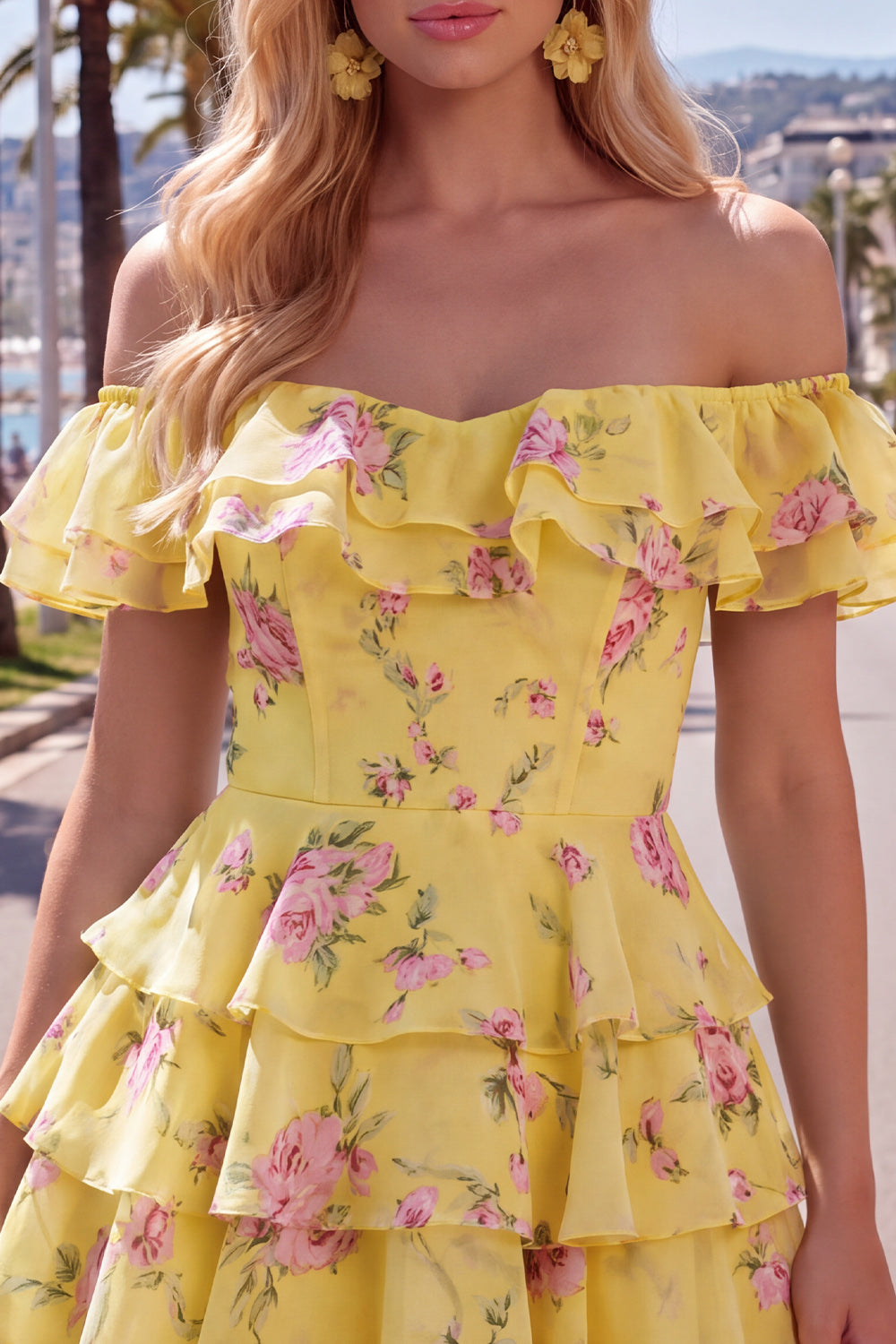 Yellow Floral A-Line Tiered Ruffled Short Corset Homecoming Dress