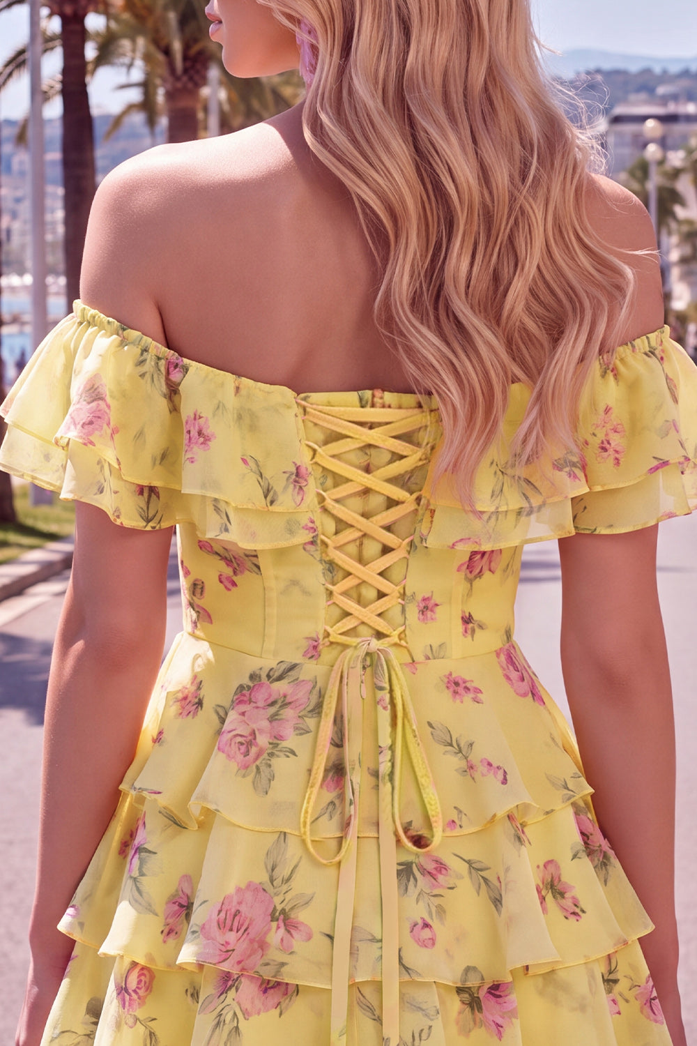 Yellow Floral A-Line Tiered Ruffled Short Corset Homecoming Dress