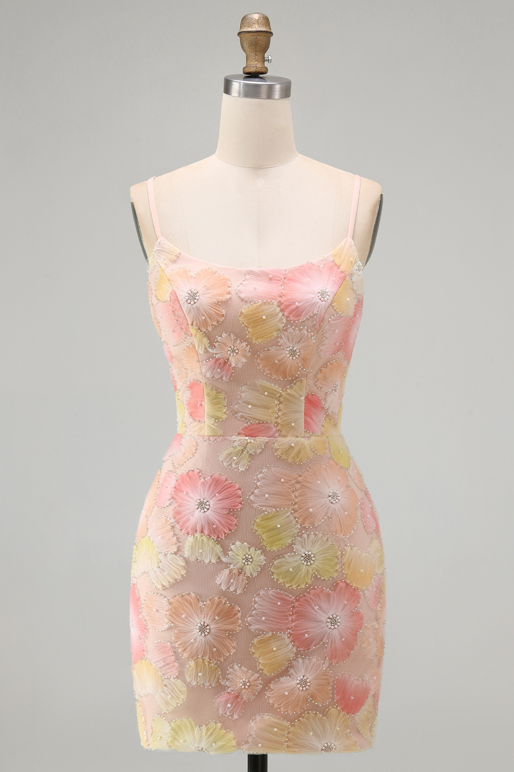 Floral Short Fuchsia Tight Spaghetti Straps Homecoming Dress with Beadings