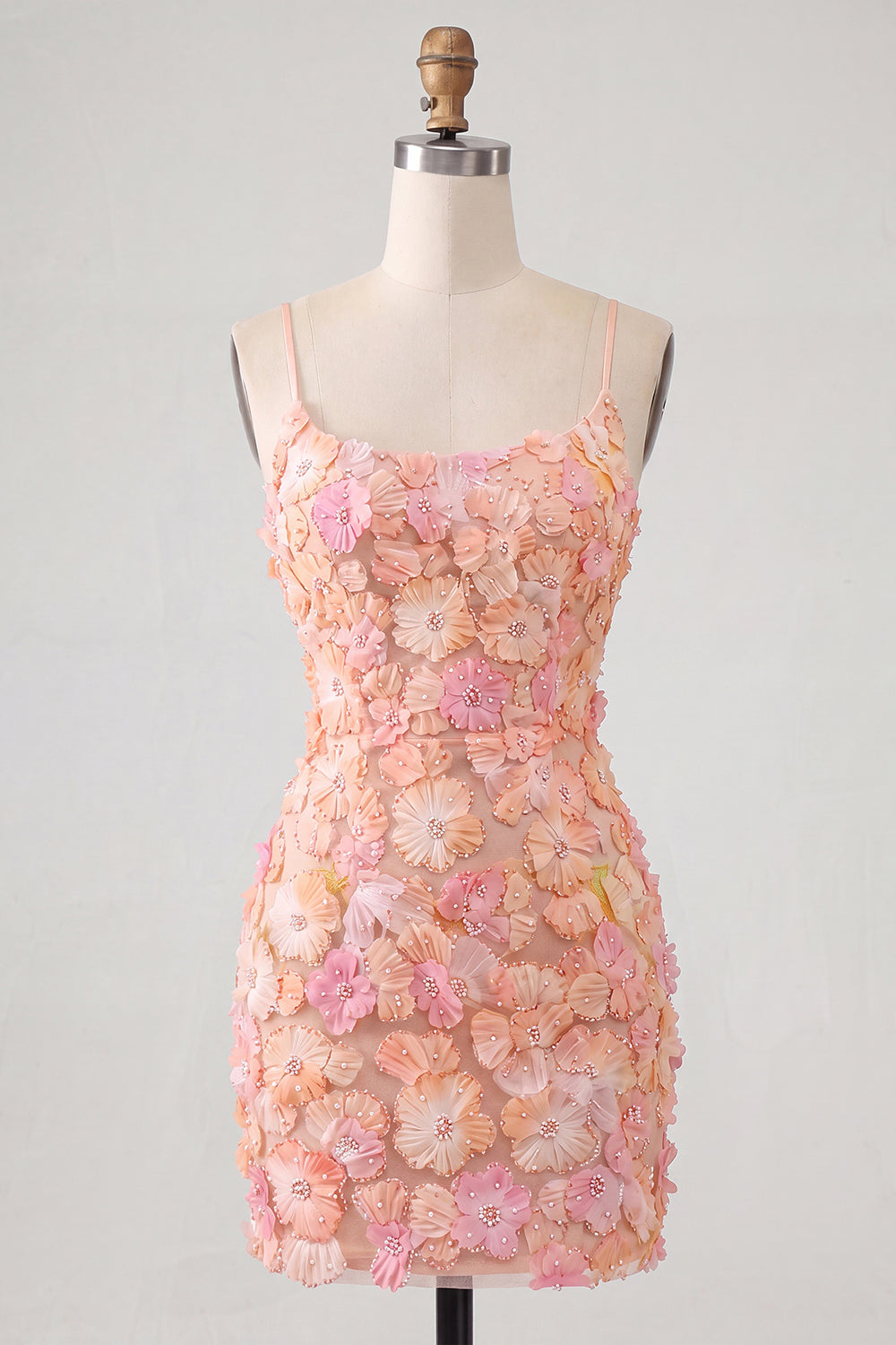 Fuchsia Yellow Tight Spaghetti Straps Floral Short Homecoming Dress with Beading
