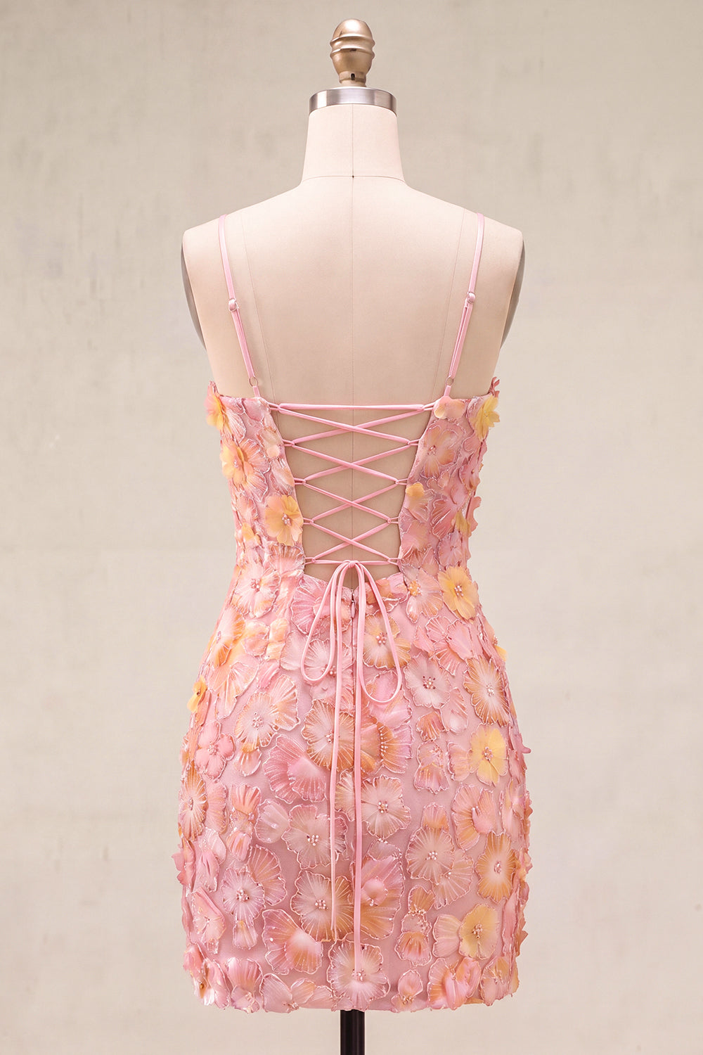 Fuchsia Yellow Tight Spaghetti Straps Floral Short Homecoming Dress with Beading