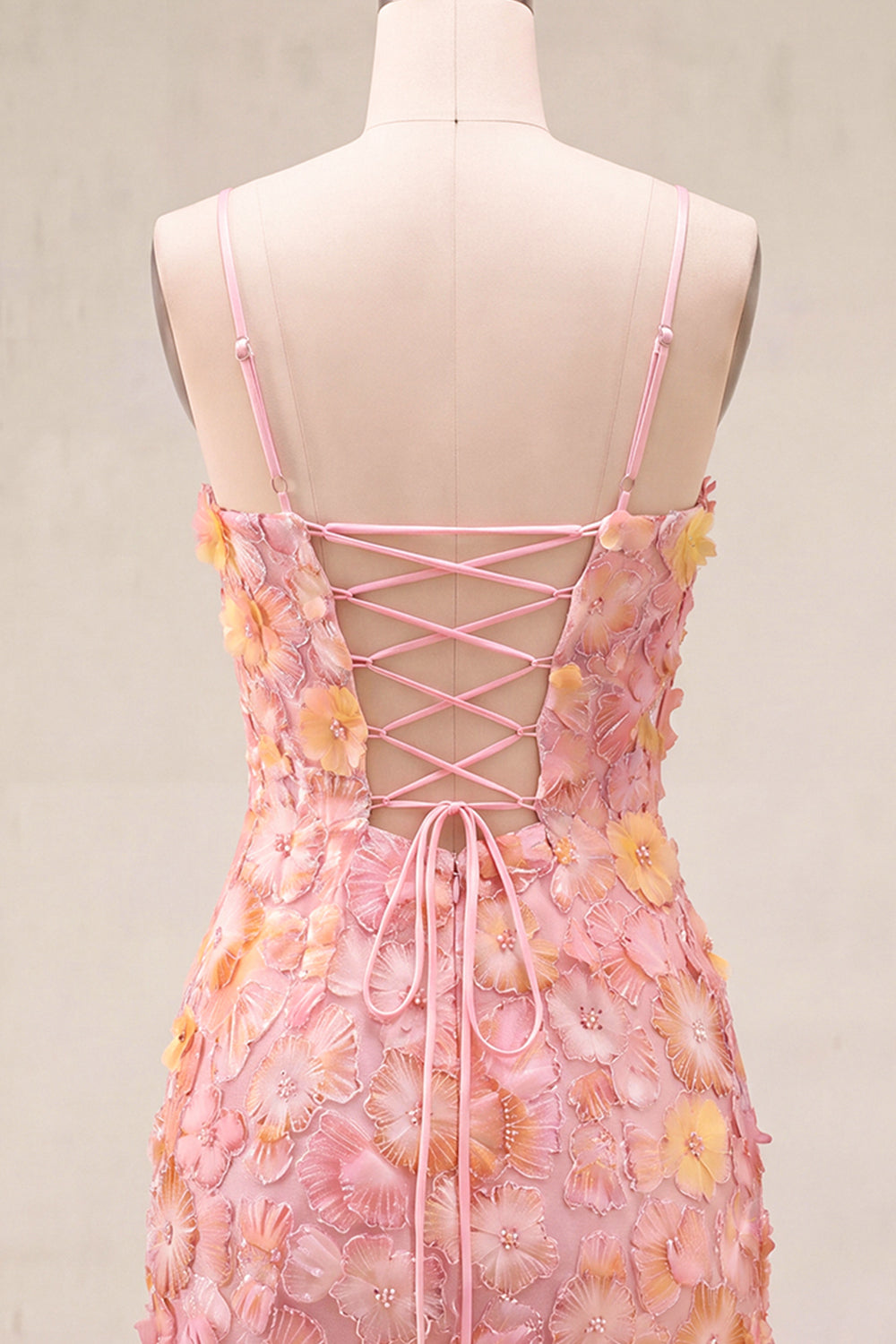 Fuchsia Yellow Tight Spaghetti Straps Floral Short Homecoming Dress with Beading
