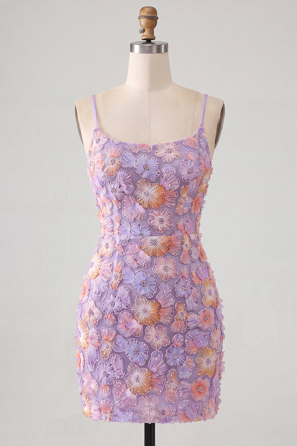 Fuchsia Yellow Tight Spaghetti Straps Floral Short Homecoming Dress with Beading