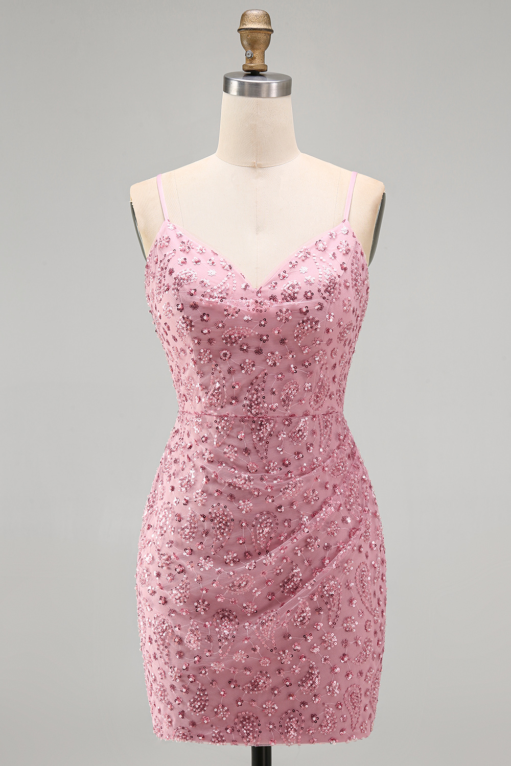 Tight Dusty Rose Short Cowl Neck Ruched Homecoming Dress with Beadings