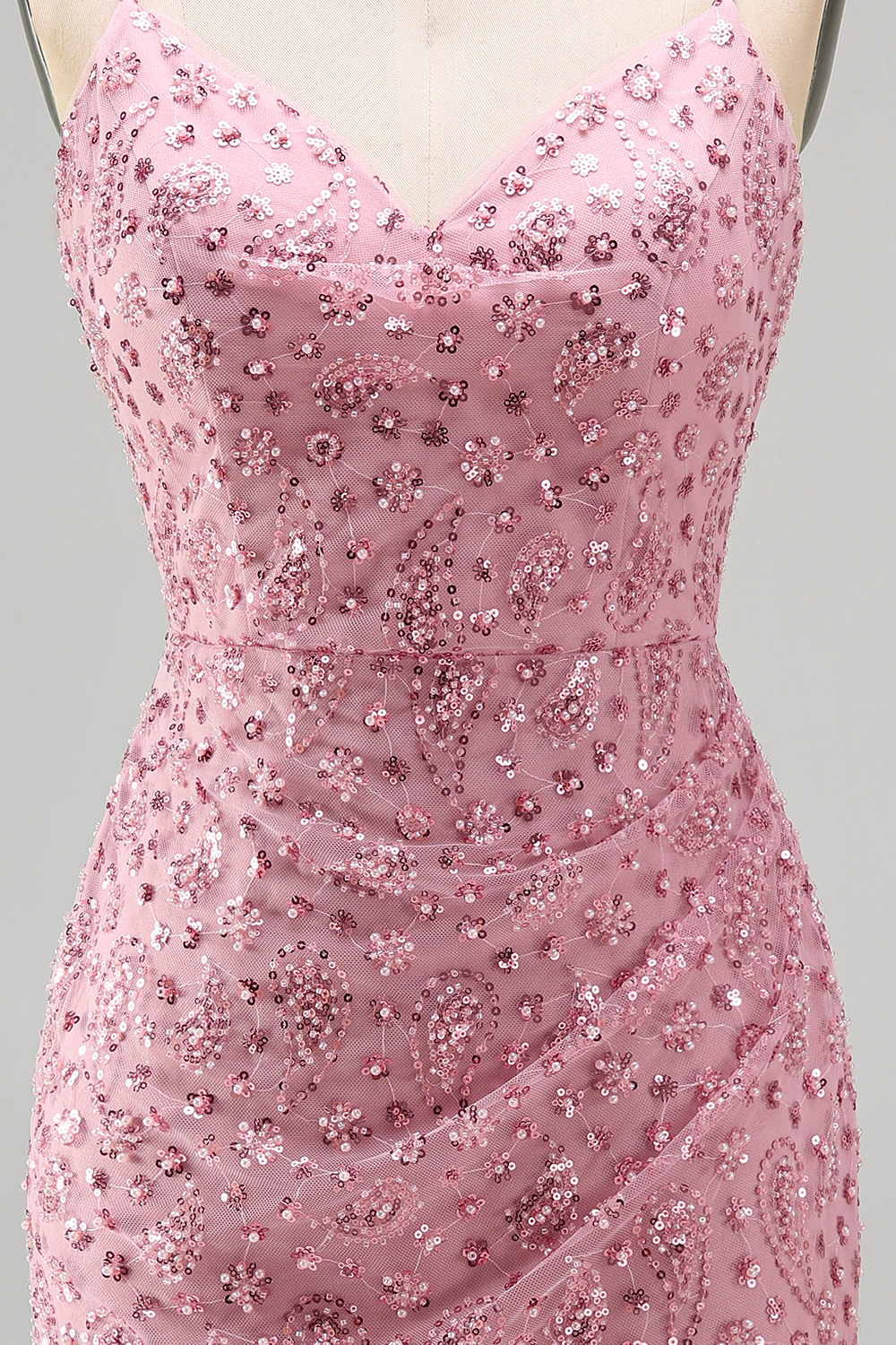 Tight Dusty Rose Short Cowl Neck Ruched Homecoming Dress with Beadings