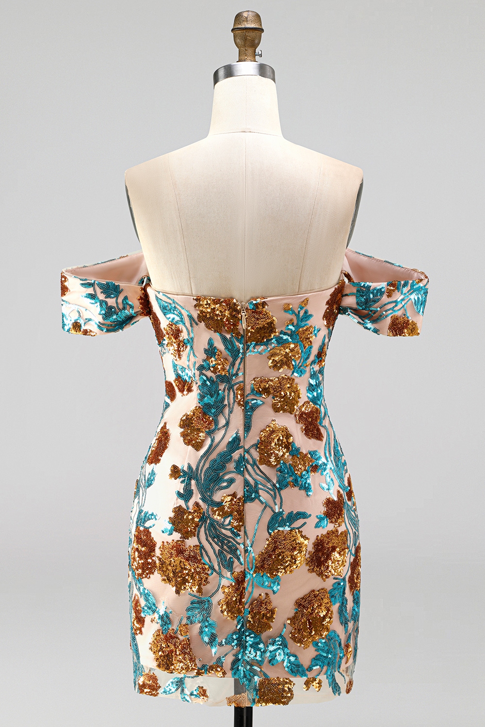 Floral Blue Sequin Short Tight Off the Shoulder Homecoming Dress
