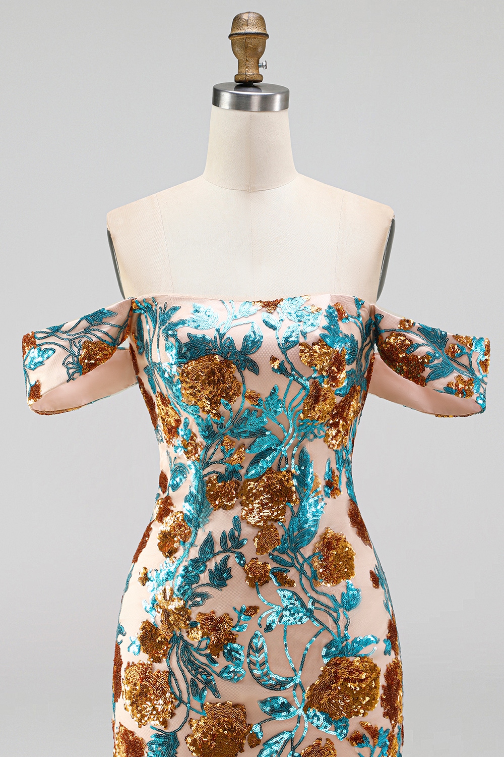 Floral Blue Sequin Short Tight Off the Shoulder Homecoming Dress