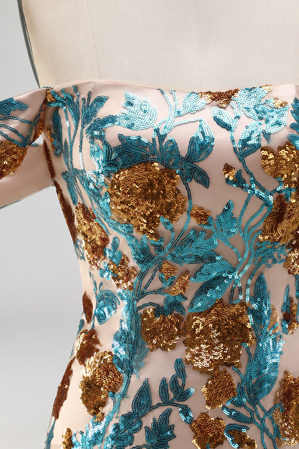 Floral Blue Sequin Short Tight Off the Shoulder Homecoming Dress