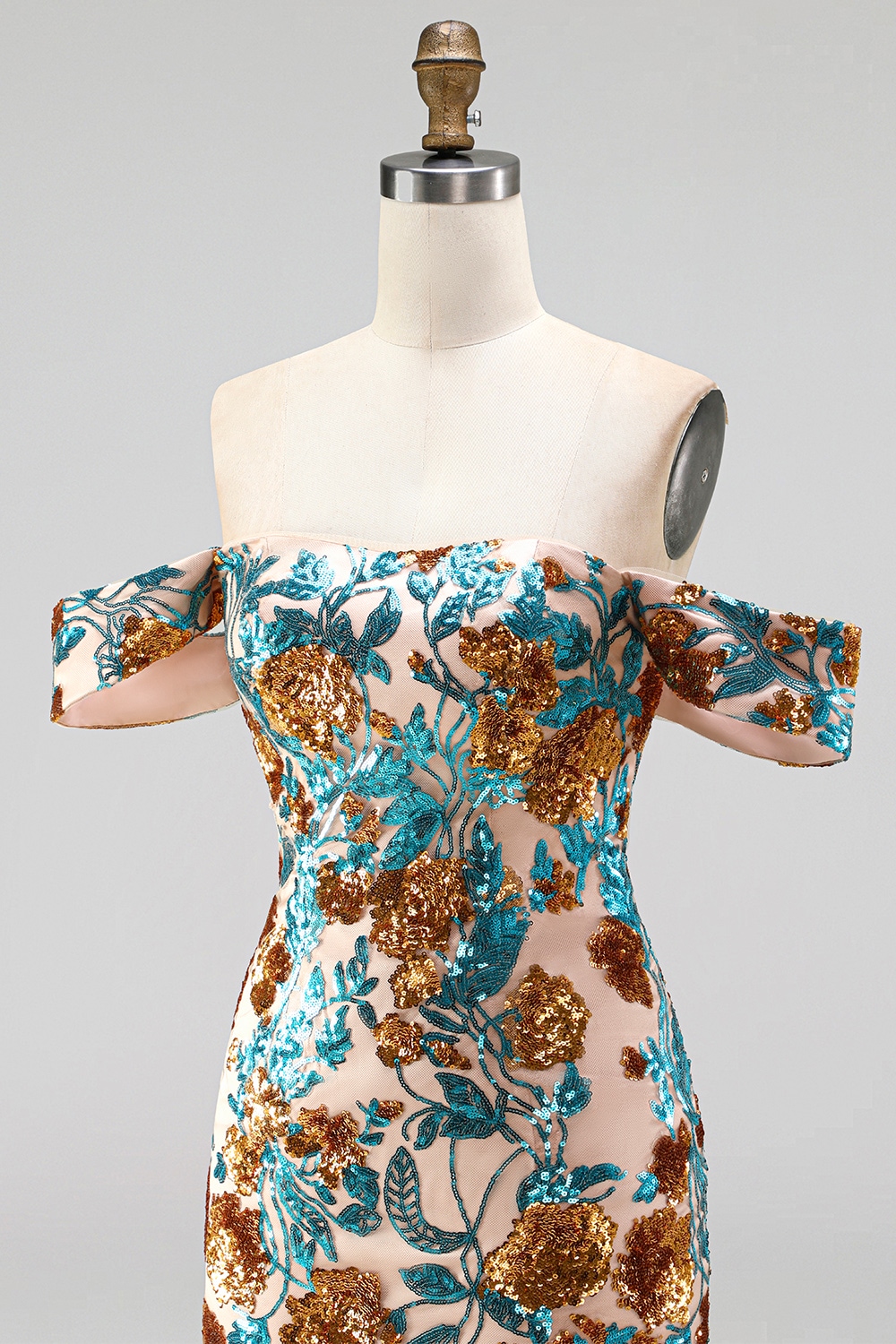 Floral Blue Sequin Short Tight Off the Shoulder Homecoming Dress