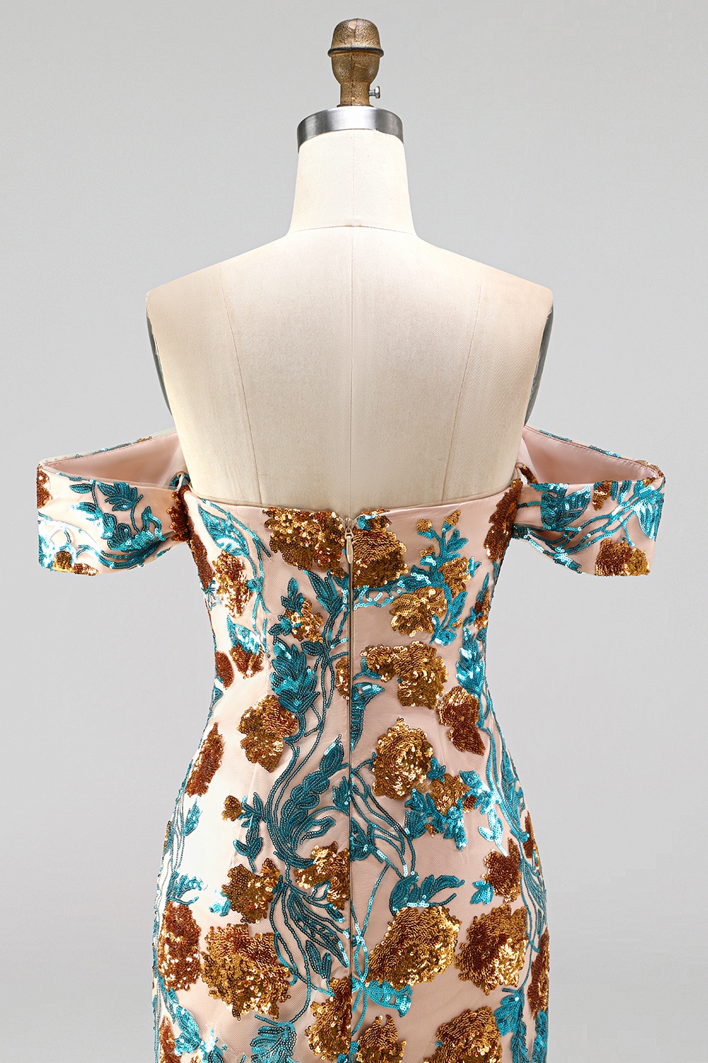 Floral Blue Sequin Short Tight Off the Shoulder Homecoming Dress