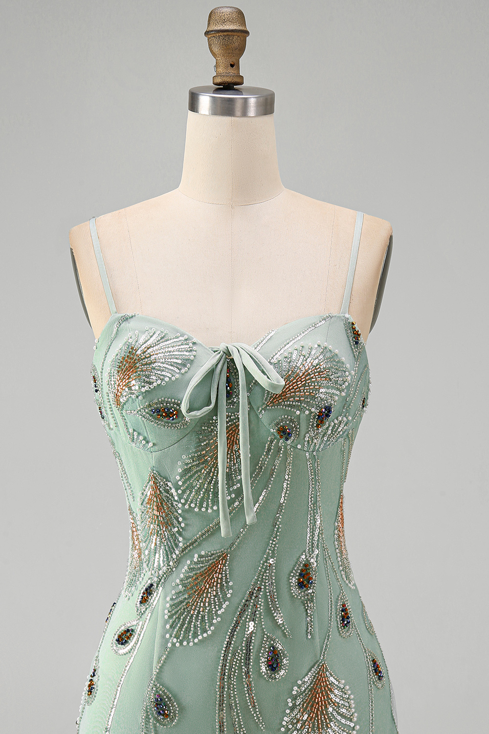 Short Sage Green Beaded Tight Homecoming Dress with Bow