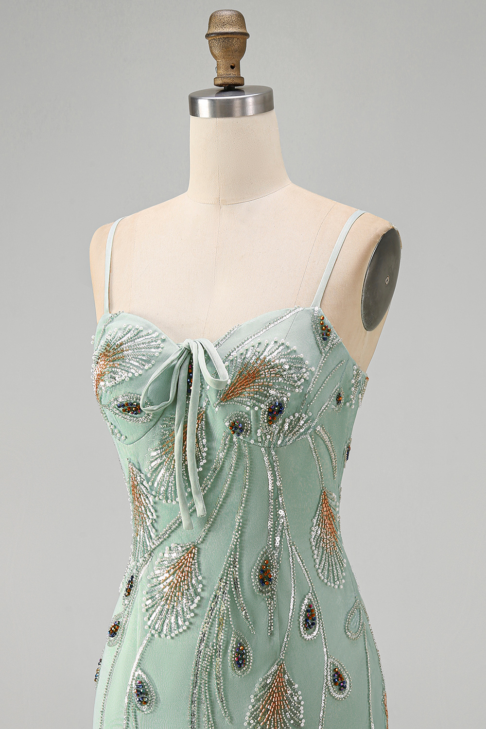 Short Sage Green Beaded Tight Homecoming Dress with Bow