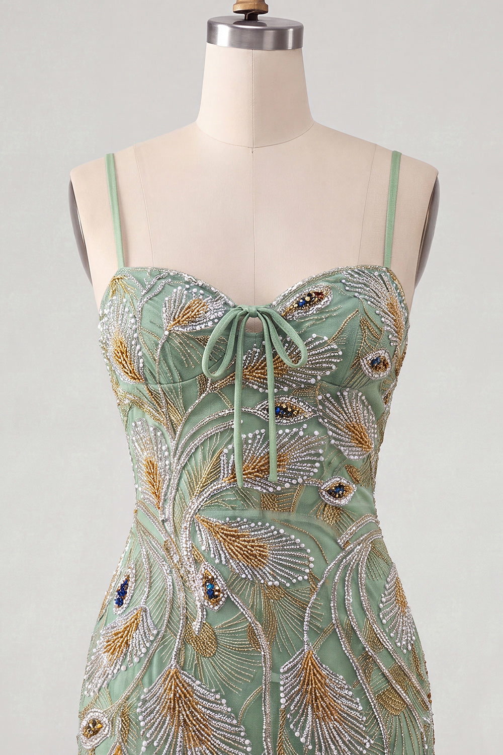 Short Sage Green Beaded Tight Homecoming Dress with Bow
