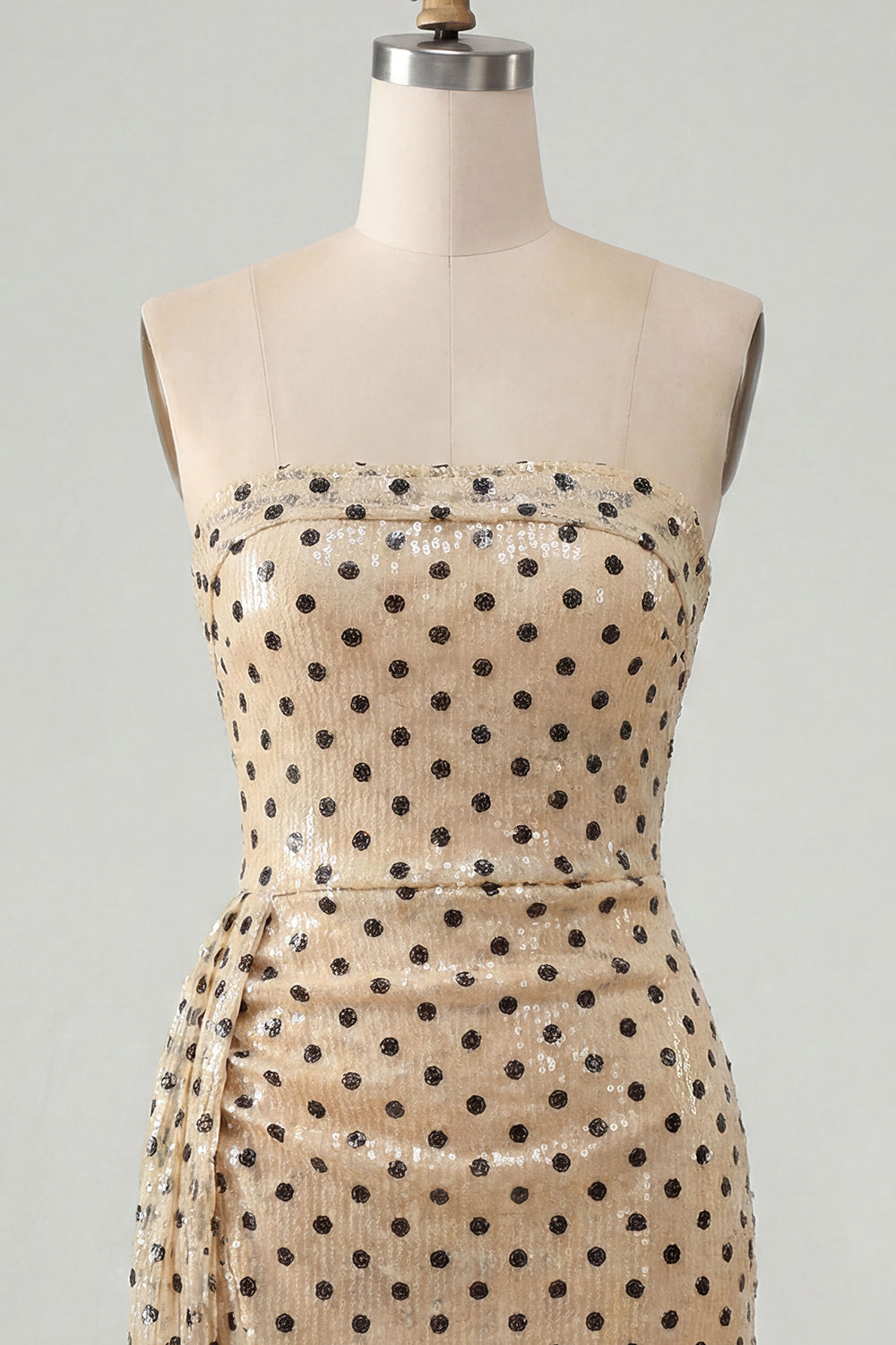Sparkly Tight Champagne Black Dot Short Sequin Strapless Homecoming Dress with Sash