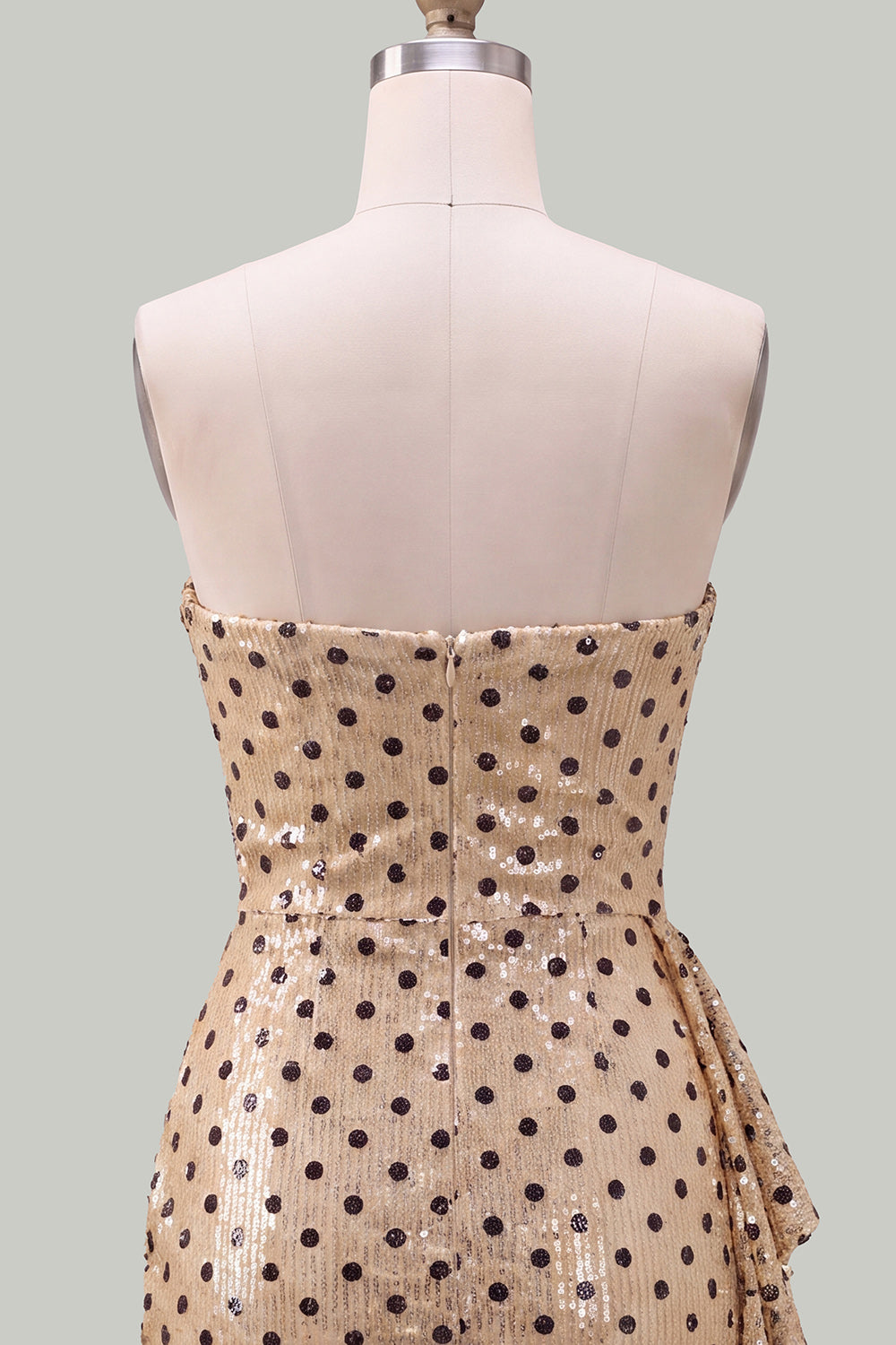 Sparkly Tight Champagne Black Dot Short Sequin Strapless Homecoming Dress with Sash