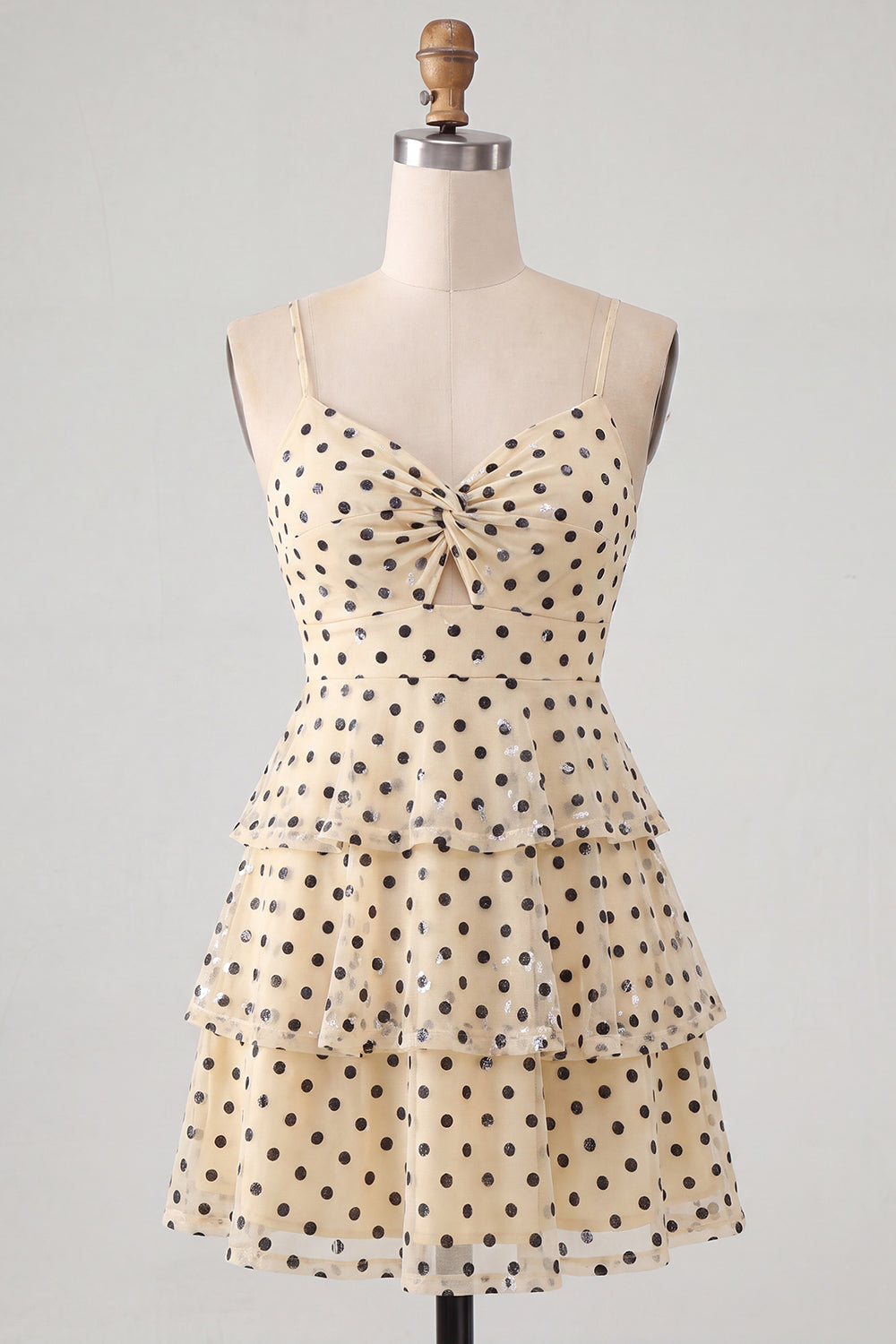 A Line Champagne Black Dot Short Ruffled Keyhole Homecoming Dress