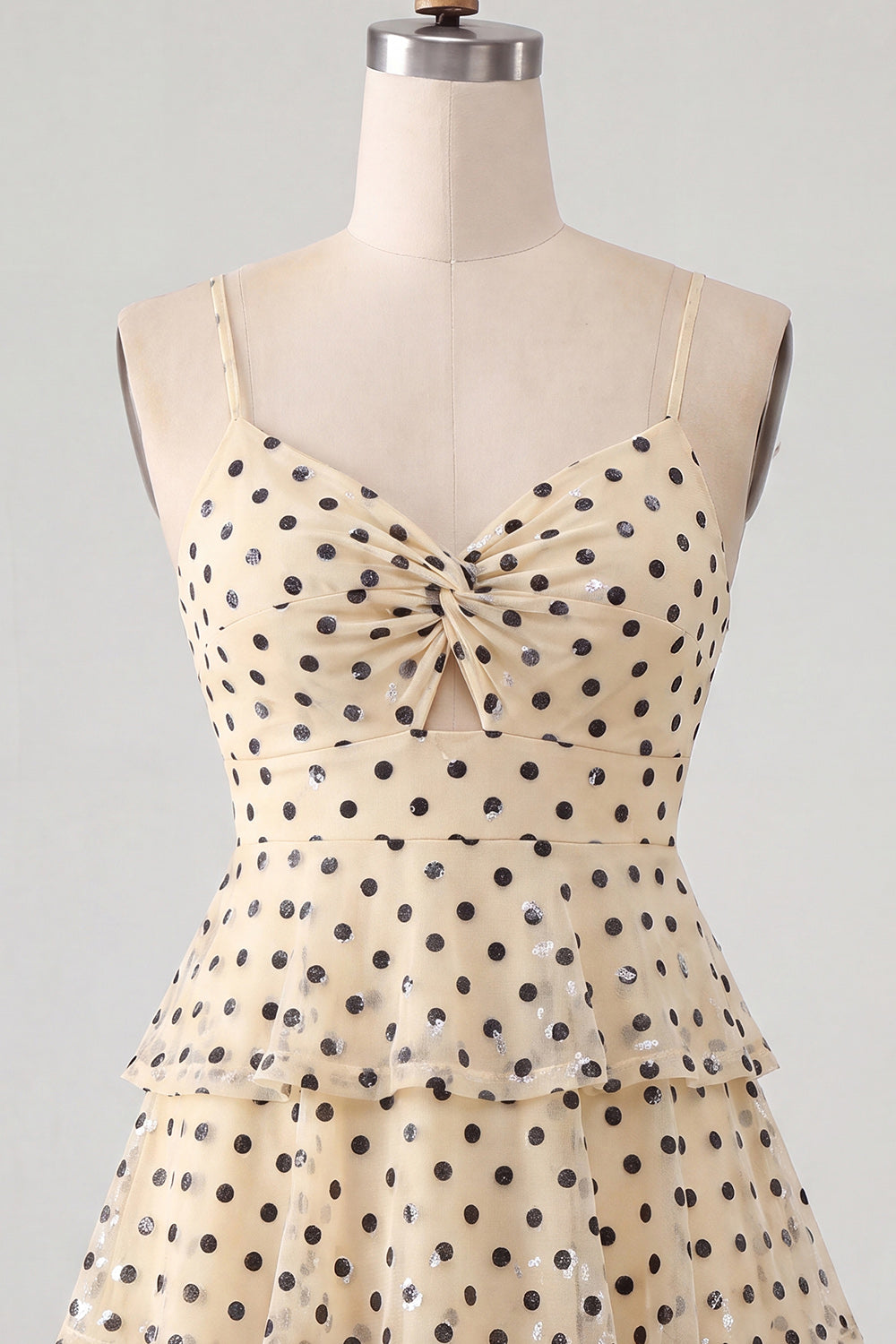 A Line Champagne Black Dot Short Ruffled Keyhole Homecoming Dress