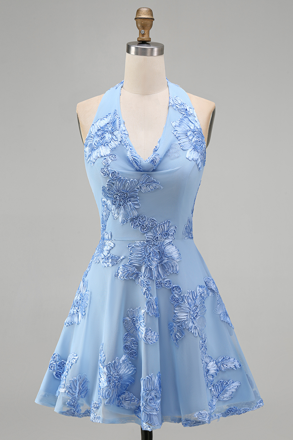 Floral Short Pink Halter A-Line Homecoming Dress with Bow