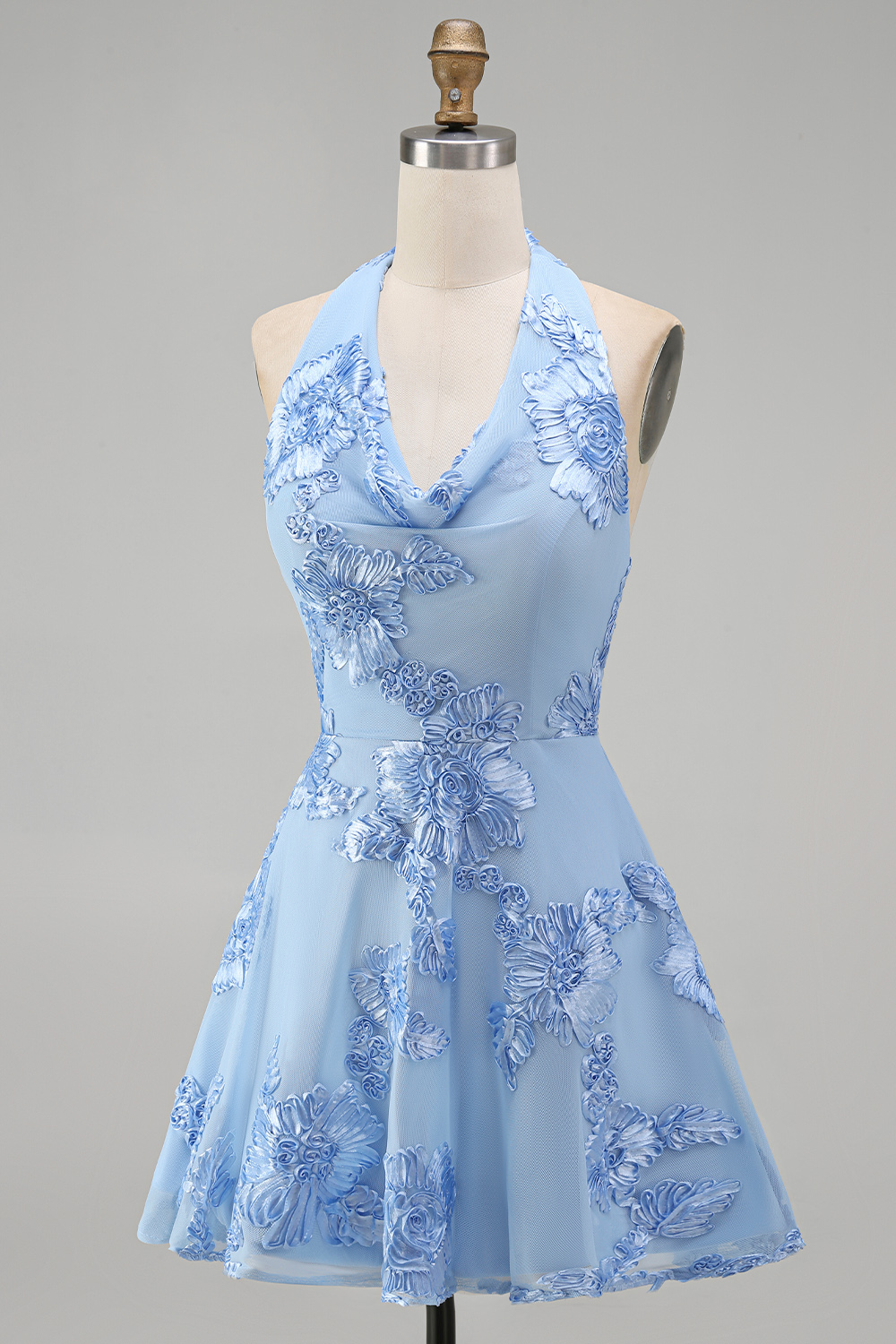 Floral Short Pink Halter A-Line Homecoming Dress with Bow