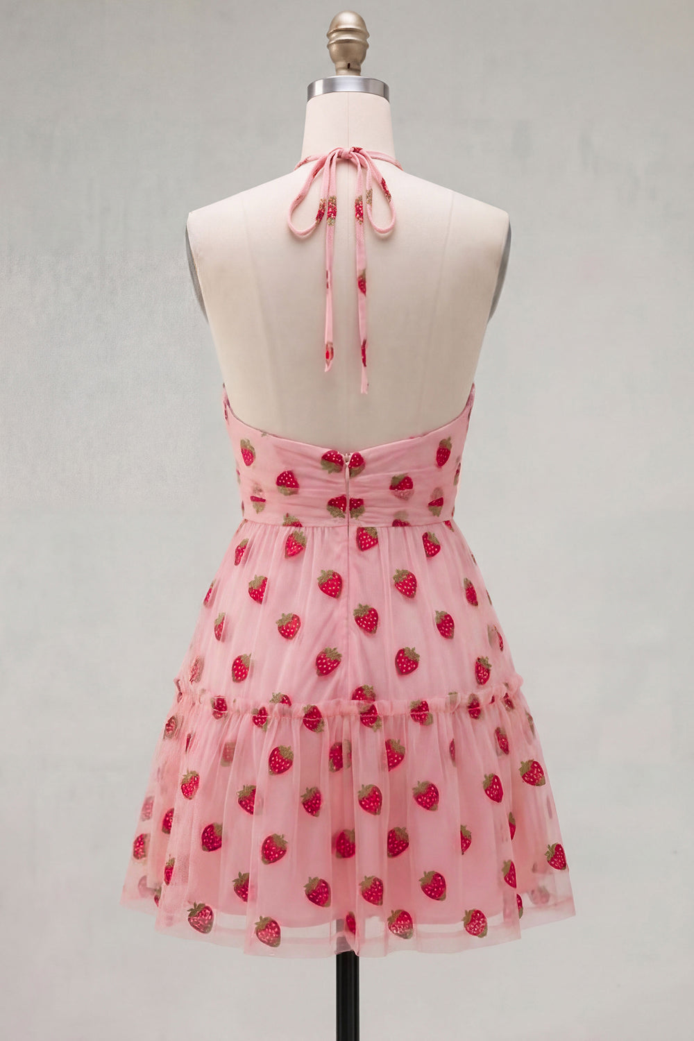 Pink Halter Short Printed A-Line Tulle Homecoming Dress