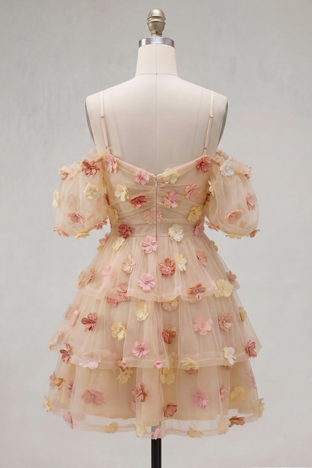 Short A-Line Champagne Ruffled Puff Sleeves Homecoming Dress with 3D Flowers