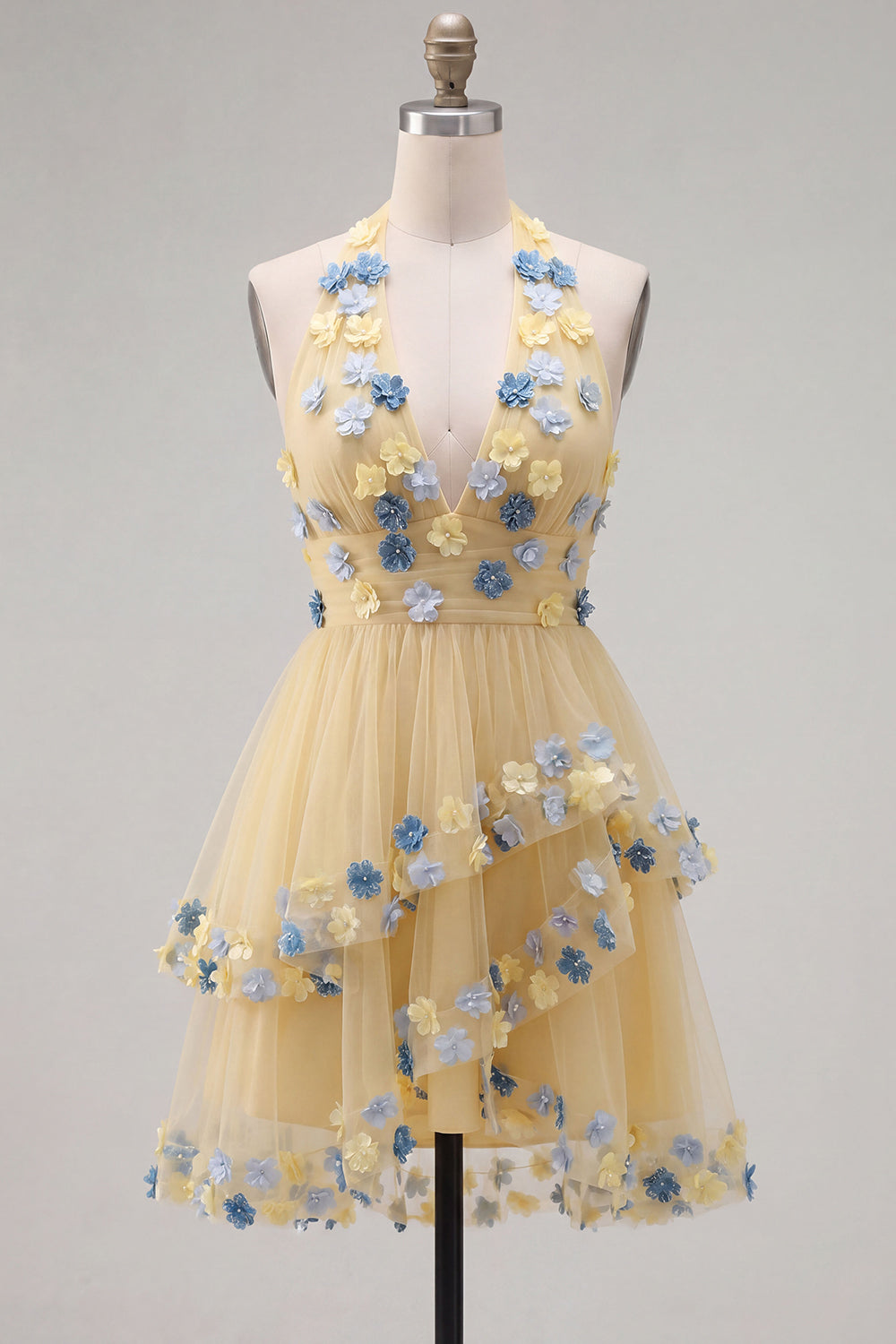 Apricot Halter Ruffled A-Line Short Homecoming Dress with 3D Flowers