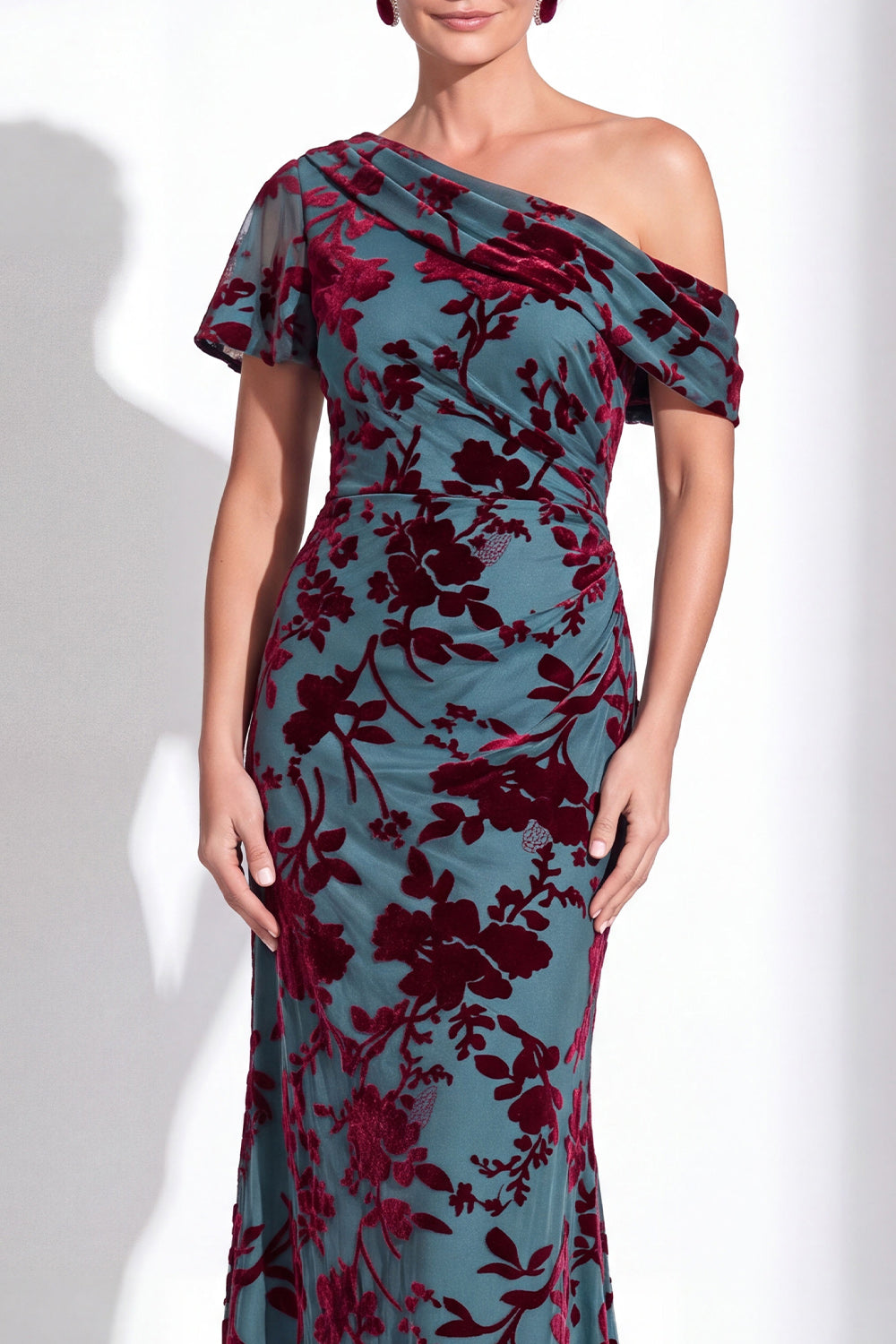 Floral Dark Purple Mermaid Ruched Long Mother of the Bride Dress