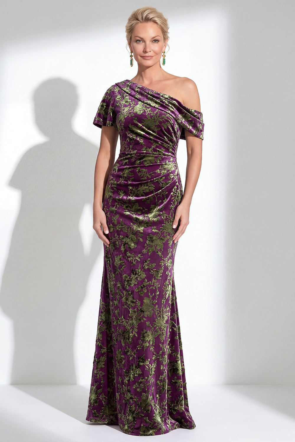Floral Dark Purple Mermaid Ruched Long Mother of the Bride Dress