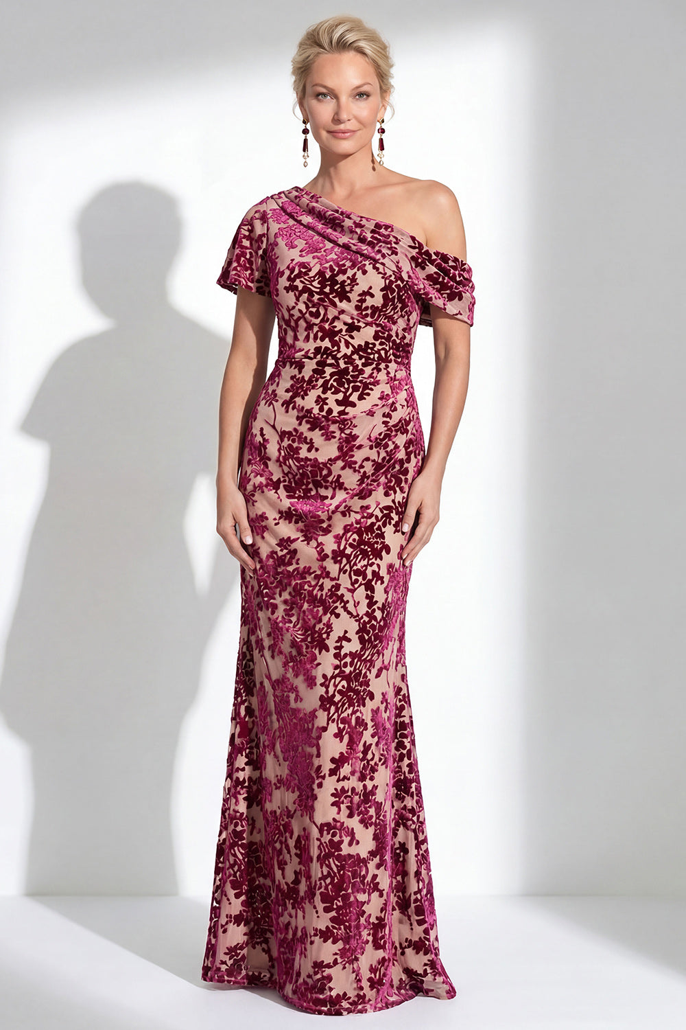 Floral Dark Purple Mermaid Ruched Long Mother of the Bride Dress