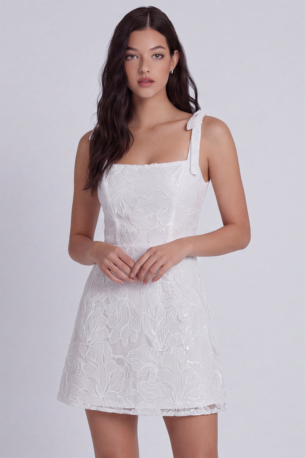 Ivory A-Line Square Neck Floral Short Reception Dress for Bride with Bows