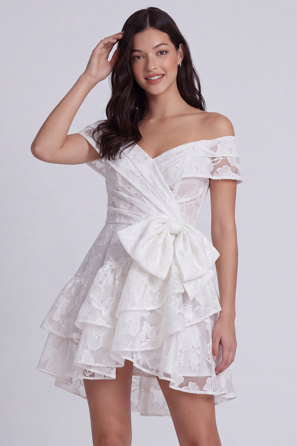 Ivory Floral A Line Tiered Short Corset Reception Dress for Bride Dress with Bow
