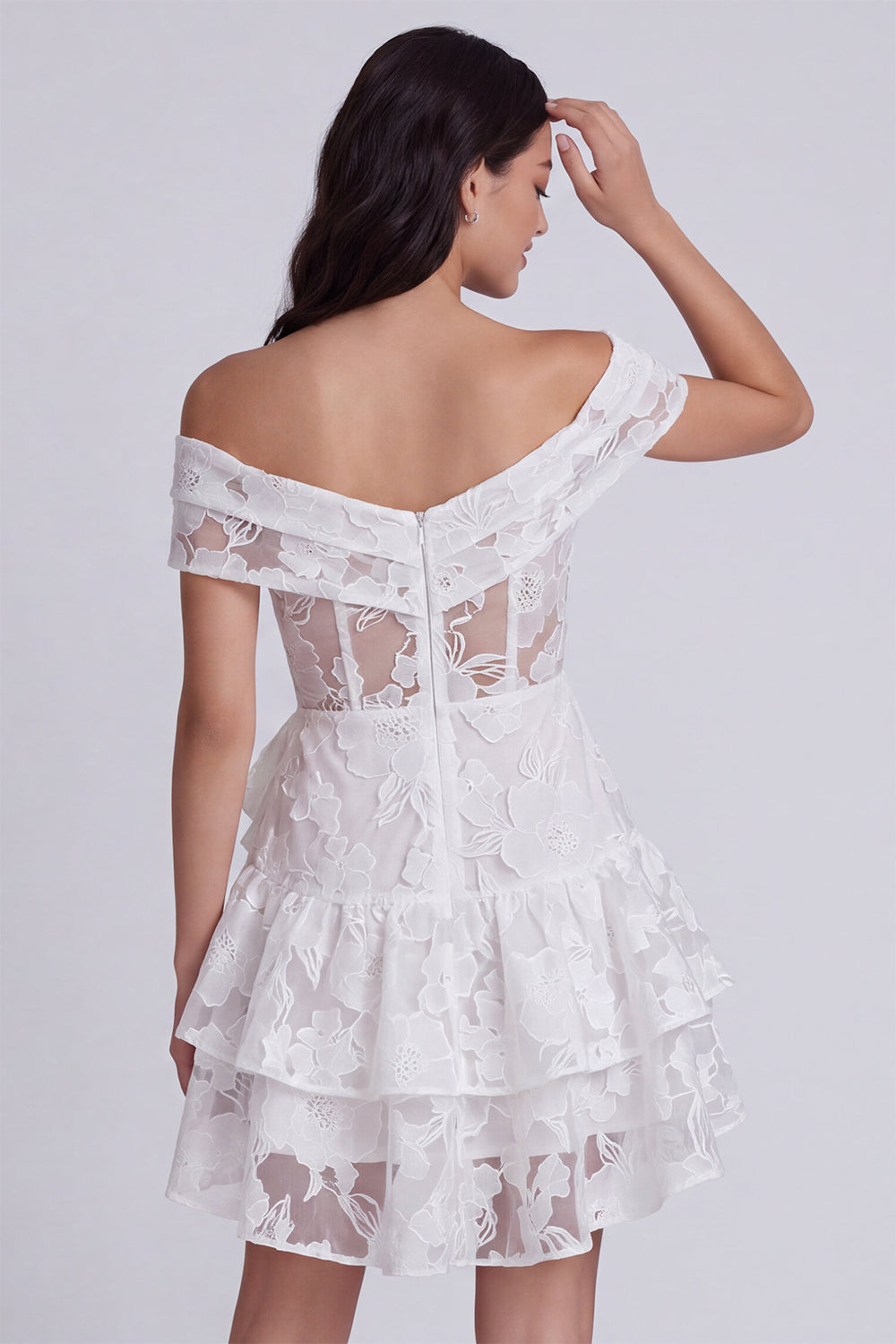 Ivory Floral A Line Tiered Short Corset Reception Dress for Bride Dress with Bow