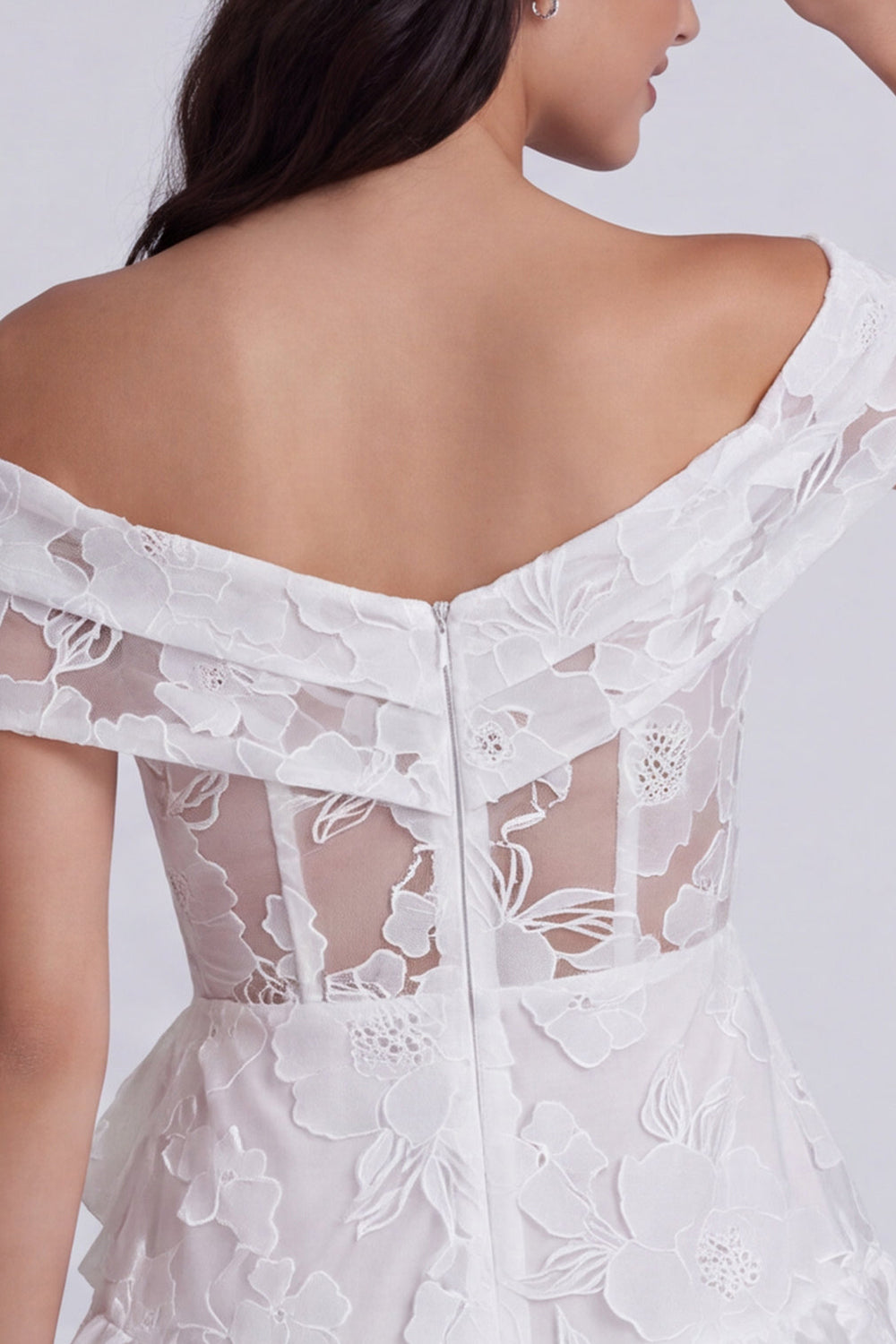 Ivory Floral A Line Tiered Short Corset Reception Dress for Bride Dress with Bow