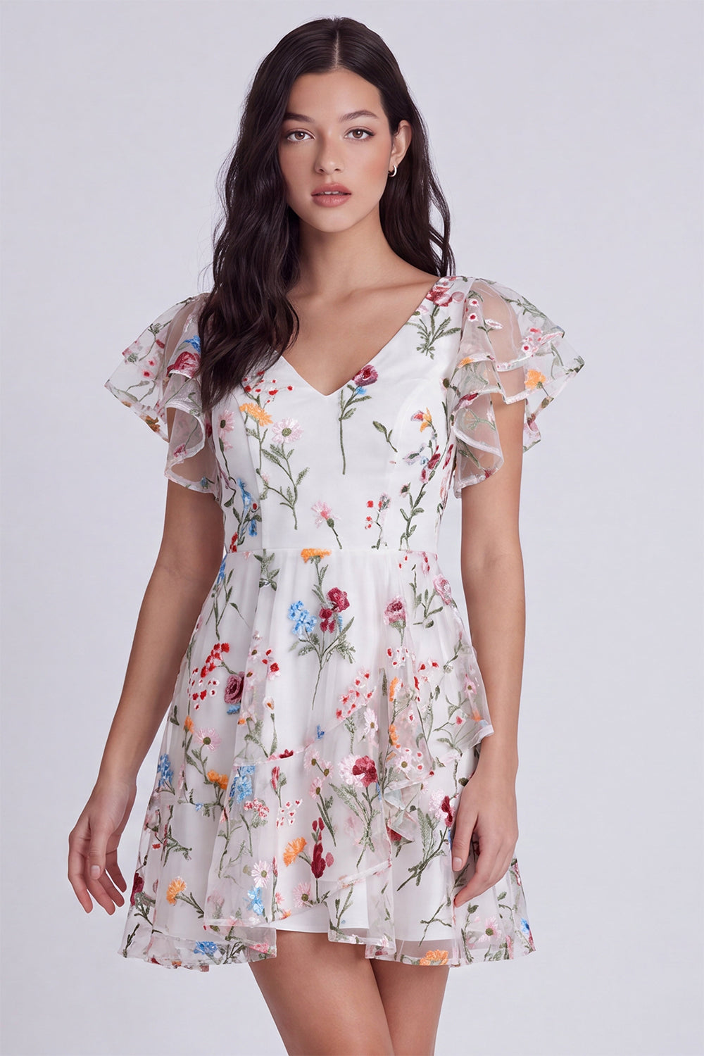 Ivory A-Line V-Neck Floral Short Reception Dress for Bride with Sleeves