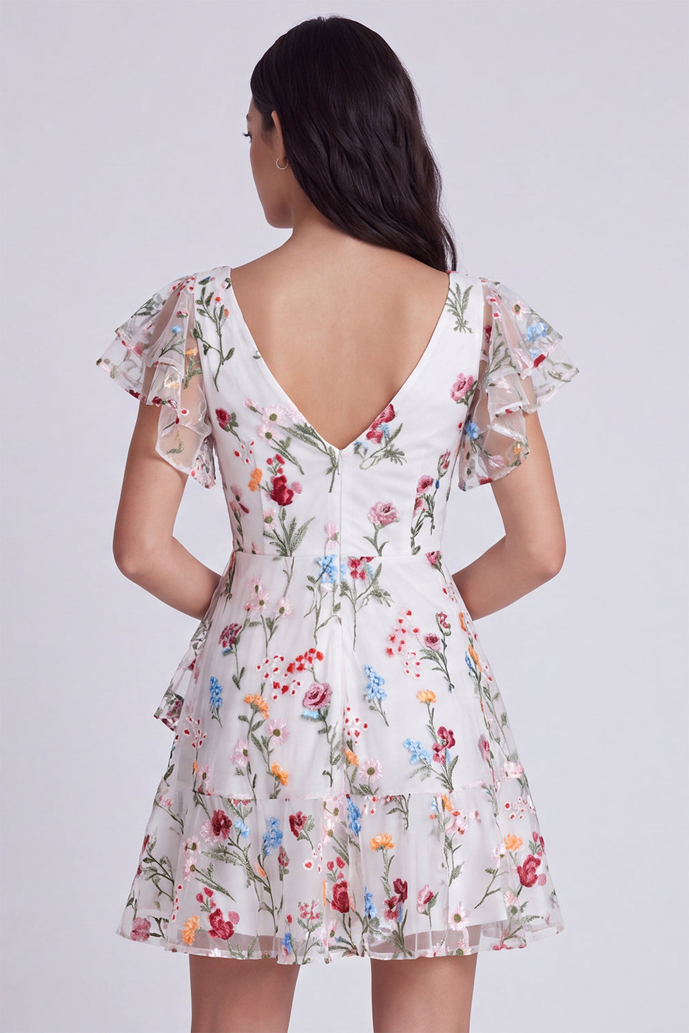 Ivory A-Line V-Neck Floral Short Reception Dress for Bride with Sleeves