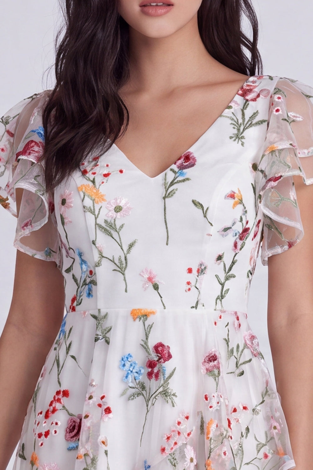 Ivory A-Line V-Neck Floral Short Reception Dress for Bride with Sleeves