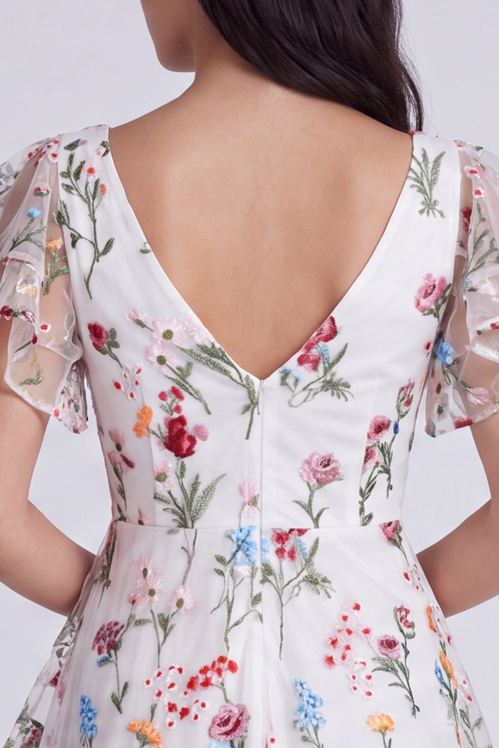 Ivory A-Line V-Neck Floral Short Reception Dress for Bride with Sleeves